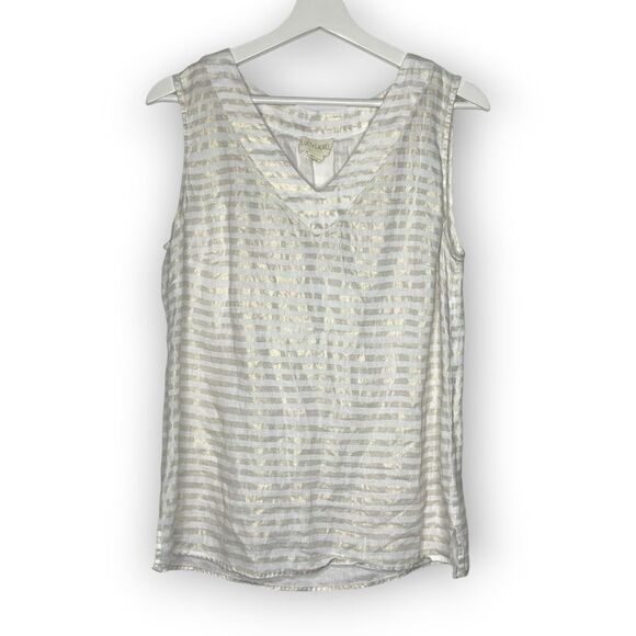 Lucy & Laurel Metallic Stripe 100% Linen Tank Gold and White Women’s Size Large - Picture 1 of 8